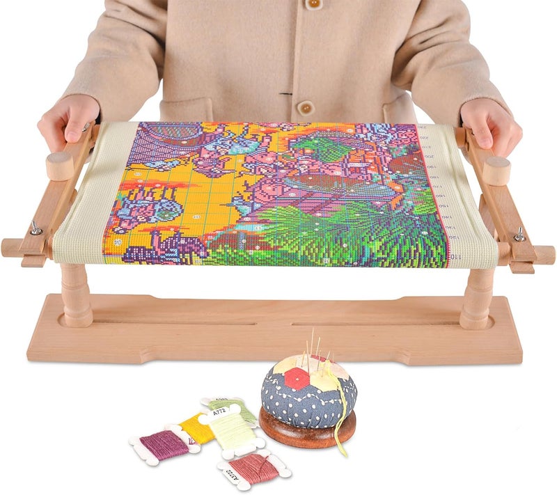 GuoFa Rotated Table Embroidery Frame Stand - Adjustable Cross Stitch Scroll Frame, Beech Wood Quilting Frame Needlepoint Holder Stretch Bar for Stitching Sewing Craft - Image 2